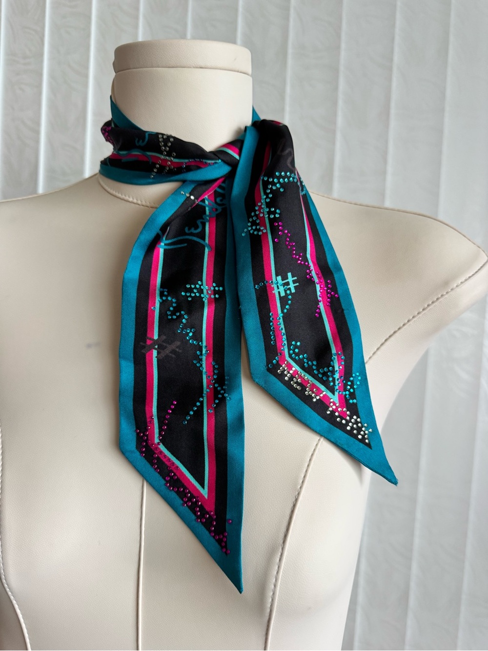 Henri Bendel Rhinestone Skinny Scarf Twilly Black Pink Teal Bag Scarf
